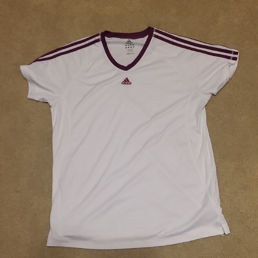 Adidas White Tee with Purple Stripes